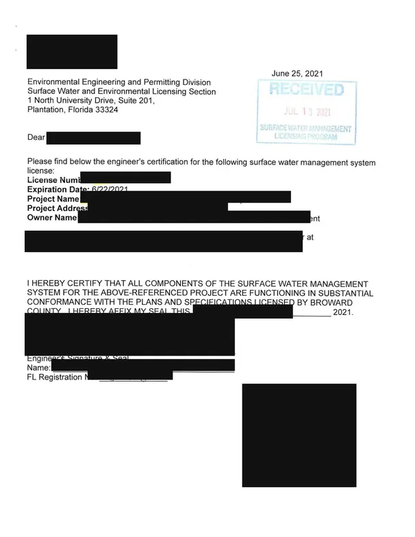 Engineer's certification stamped received by Broward County Surface Water Management Licensing Program, client details redacted